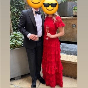 Monique Lhuillier red floral black tie gown